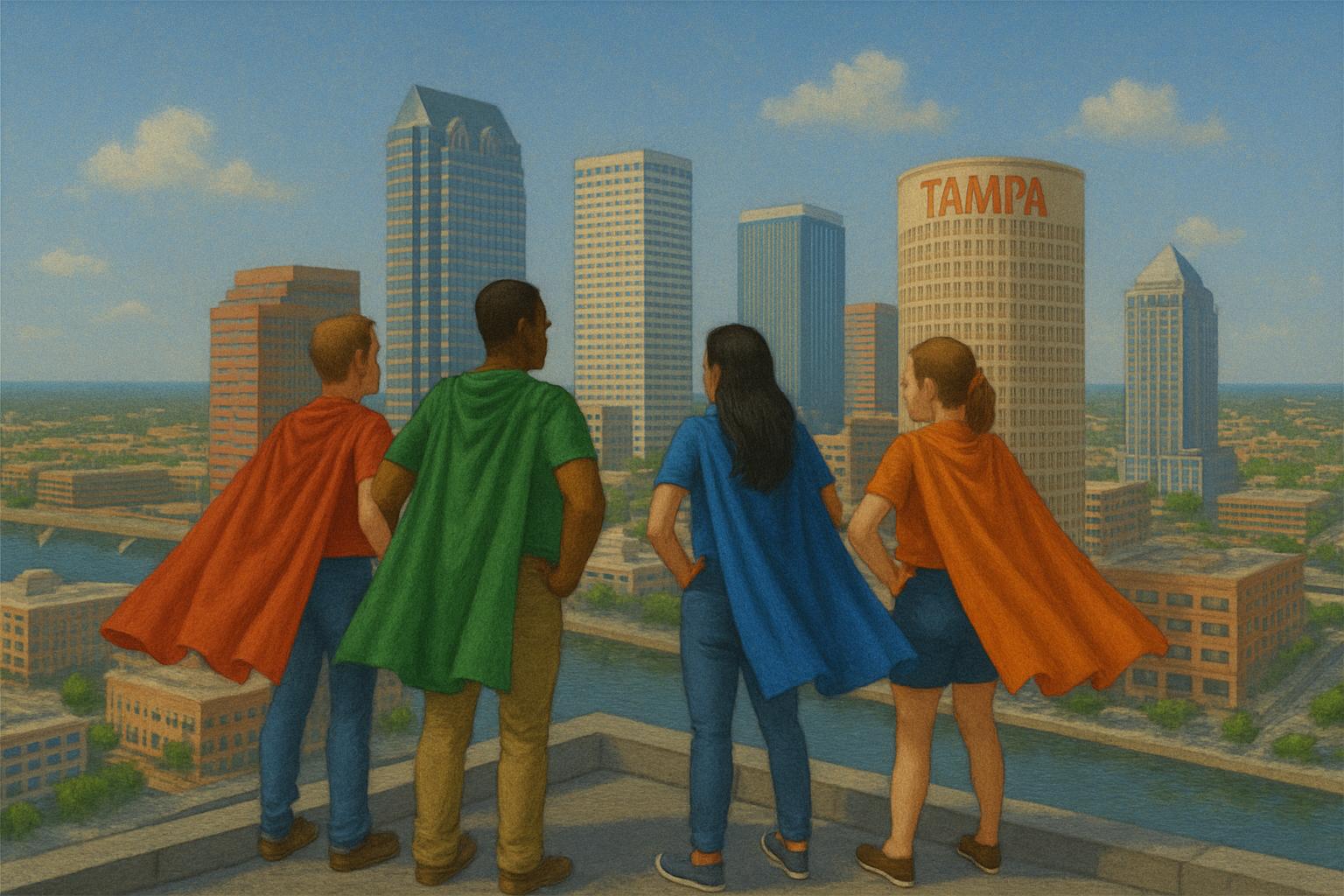 cartoon image of 4 super heros on a rooftop for mental health